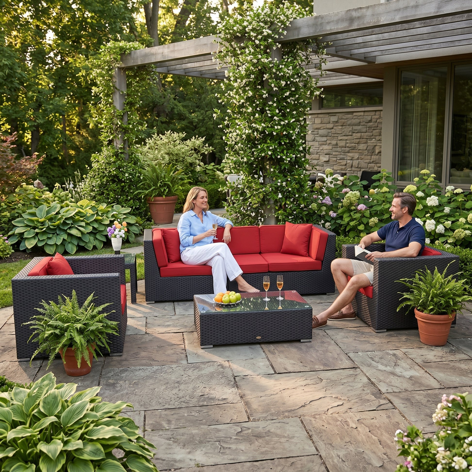 ÜBERZUGSET rot für Rattan Lounge Oxford im Outdoor Gartenbereich auf Steinboden