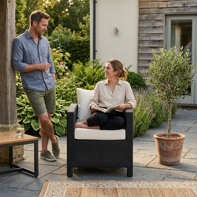 Rattan Sessel Sola schwarz für Outdoor mit bequemer Polsterung