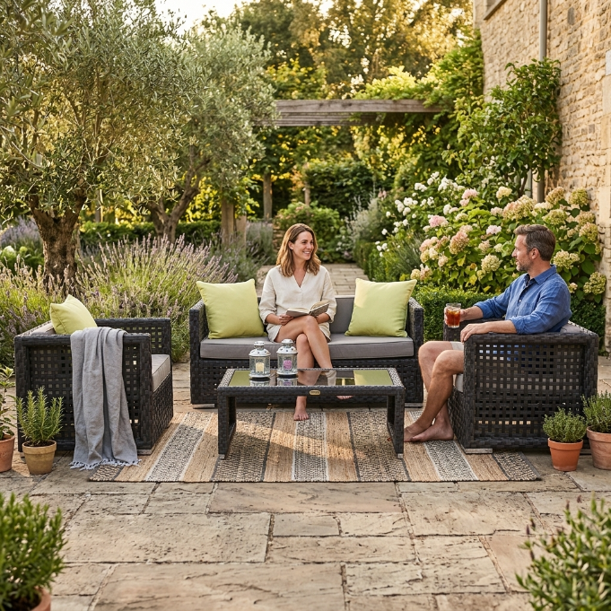 Rhodos Rattan Lounge dunkelbraun mit lime Kissen für Garten und Terrasse