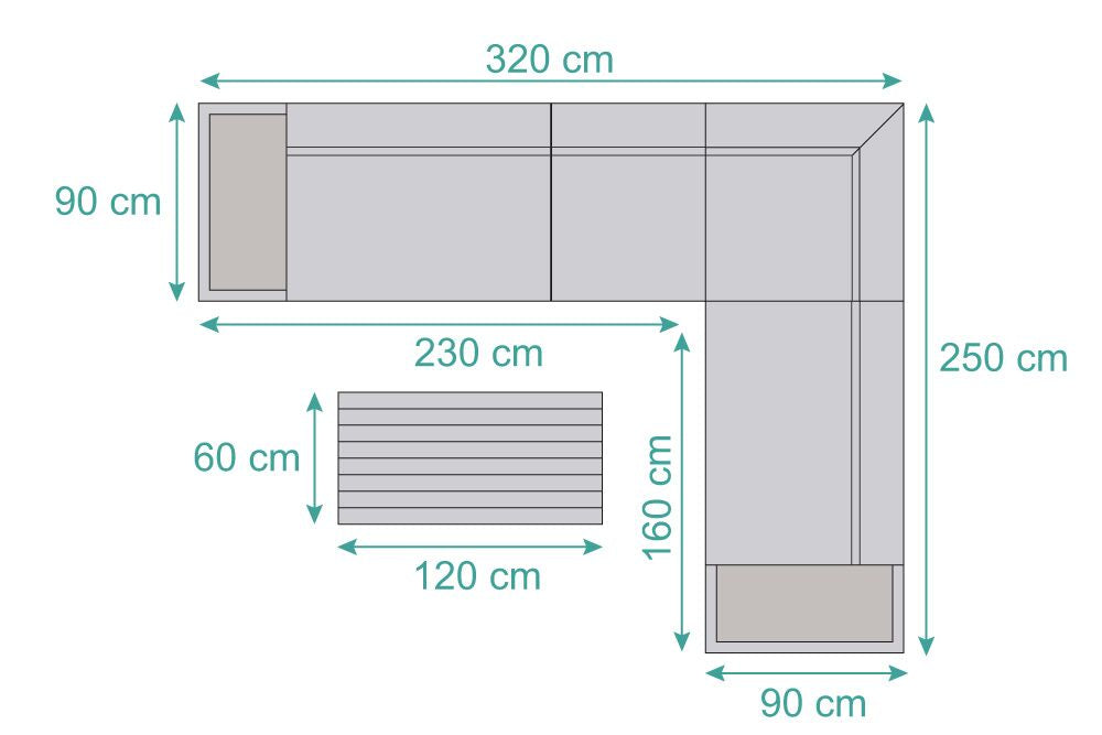 Masszeichnung der modularen Outdoor Lounge Samu mit HPL Element, 320x250, gespiegelt möglich