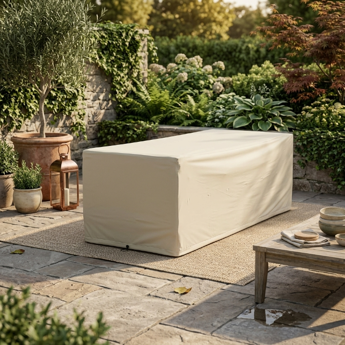 Beige Outdoor Regenschutz für Gartenmöbel auf einem Steinboden im Freien
