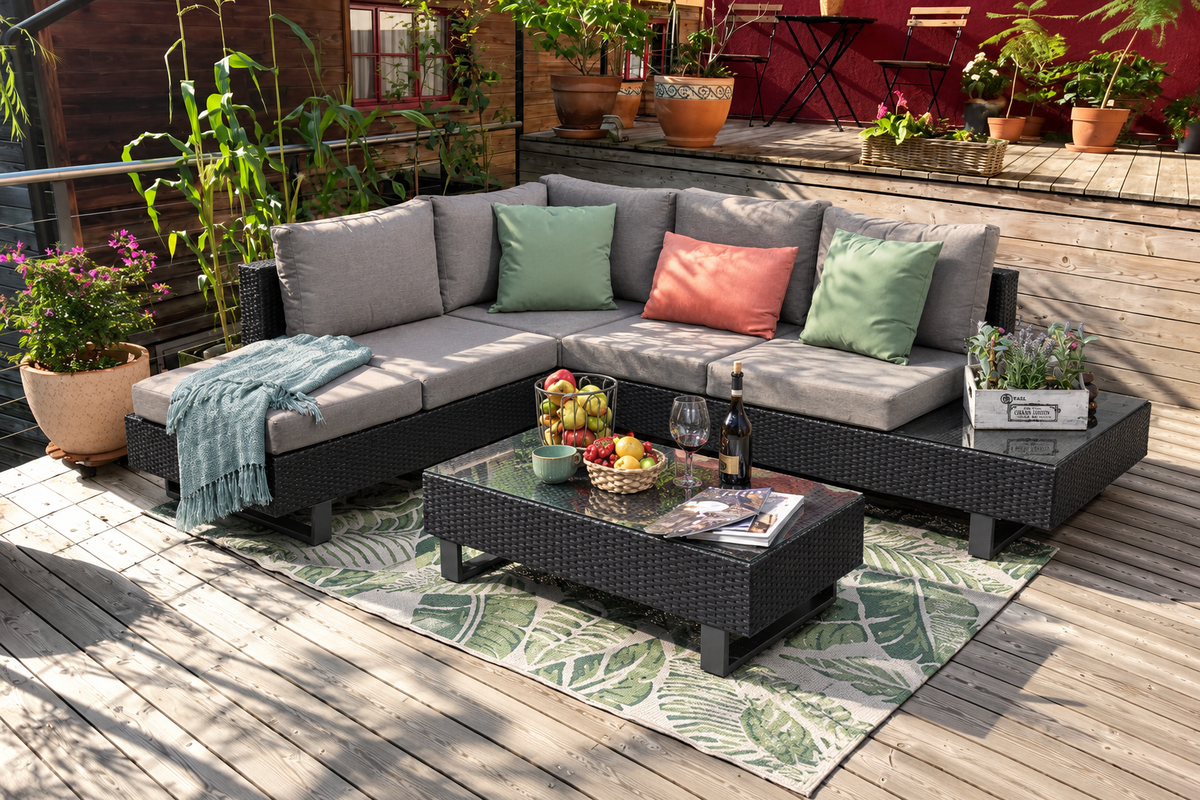 Schöner Balkon mit Rattan Lounge