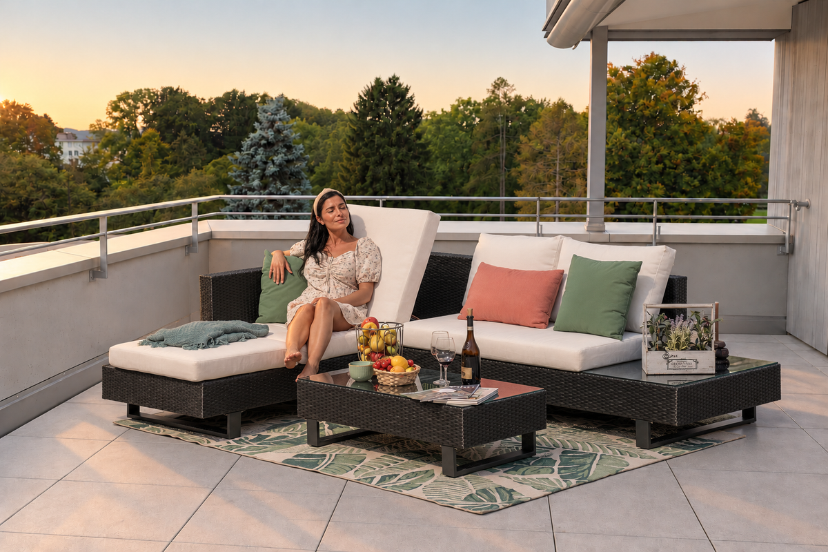 Schwarze Rattan Lounge Tessa mit Liegestuhl, Loungetisch und gemustertem Teppich.