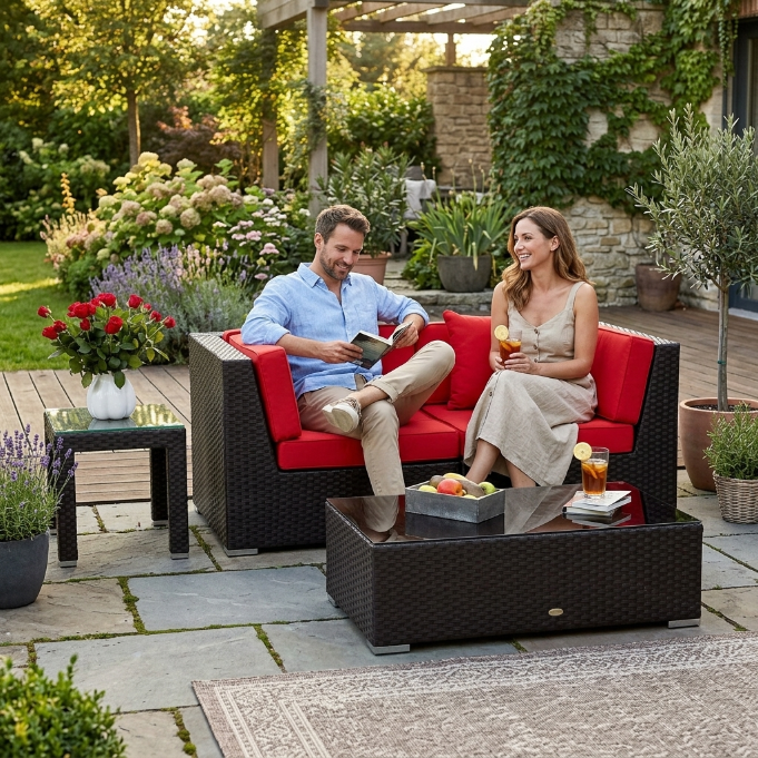 Überzüge für James Lounge mit roten Polstern für Garten und Terrasse