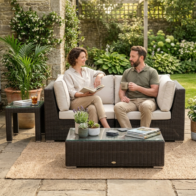 ÜBERZUGSET beige für Nottingham 2er Lounge im Outdoor-Garten mit Pflanzen