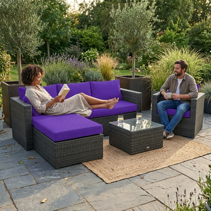 Überzugset für Bombay Lounge rechts mit violetten Polstern für Garten Terrasse