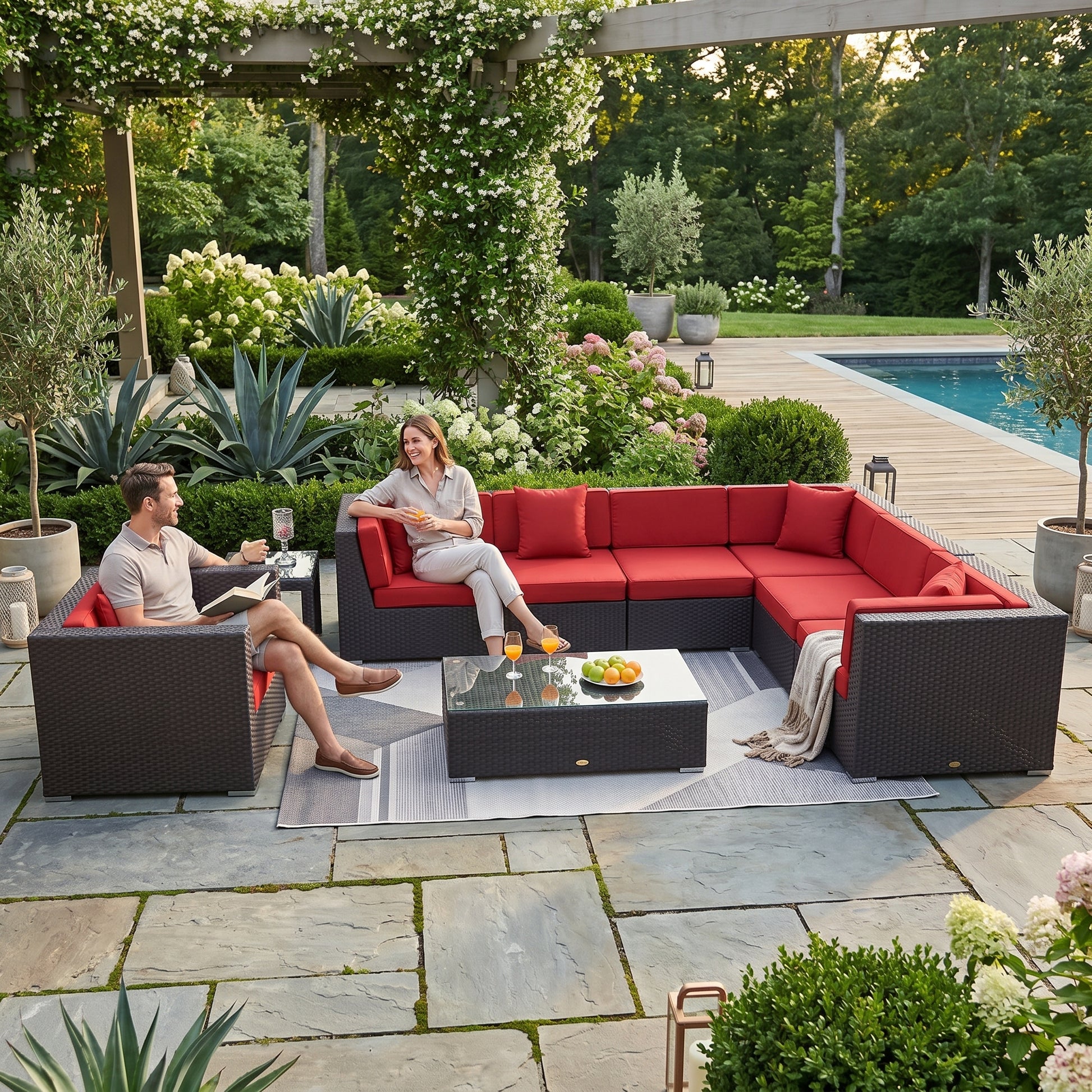 ÜBERZUGSET in rot für Outdoor Lounge mit Polsterbezügen im Garten
