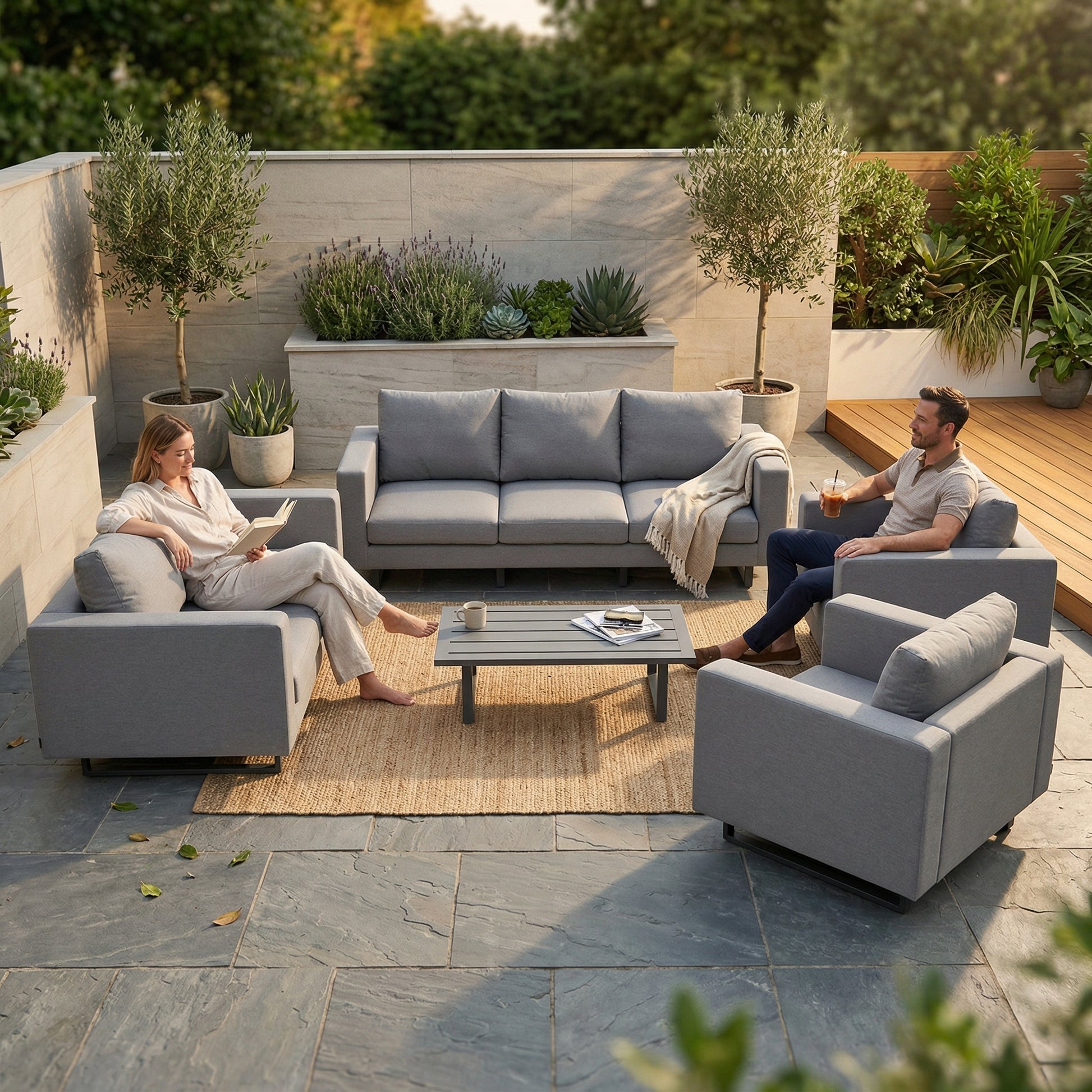 Wasserfeste Lounge Mao Gartenmöbel mit grauen wetterfesten Polstern im Outdoor-Bereich