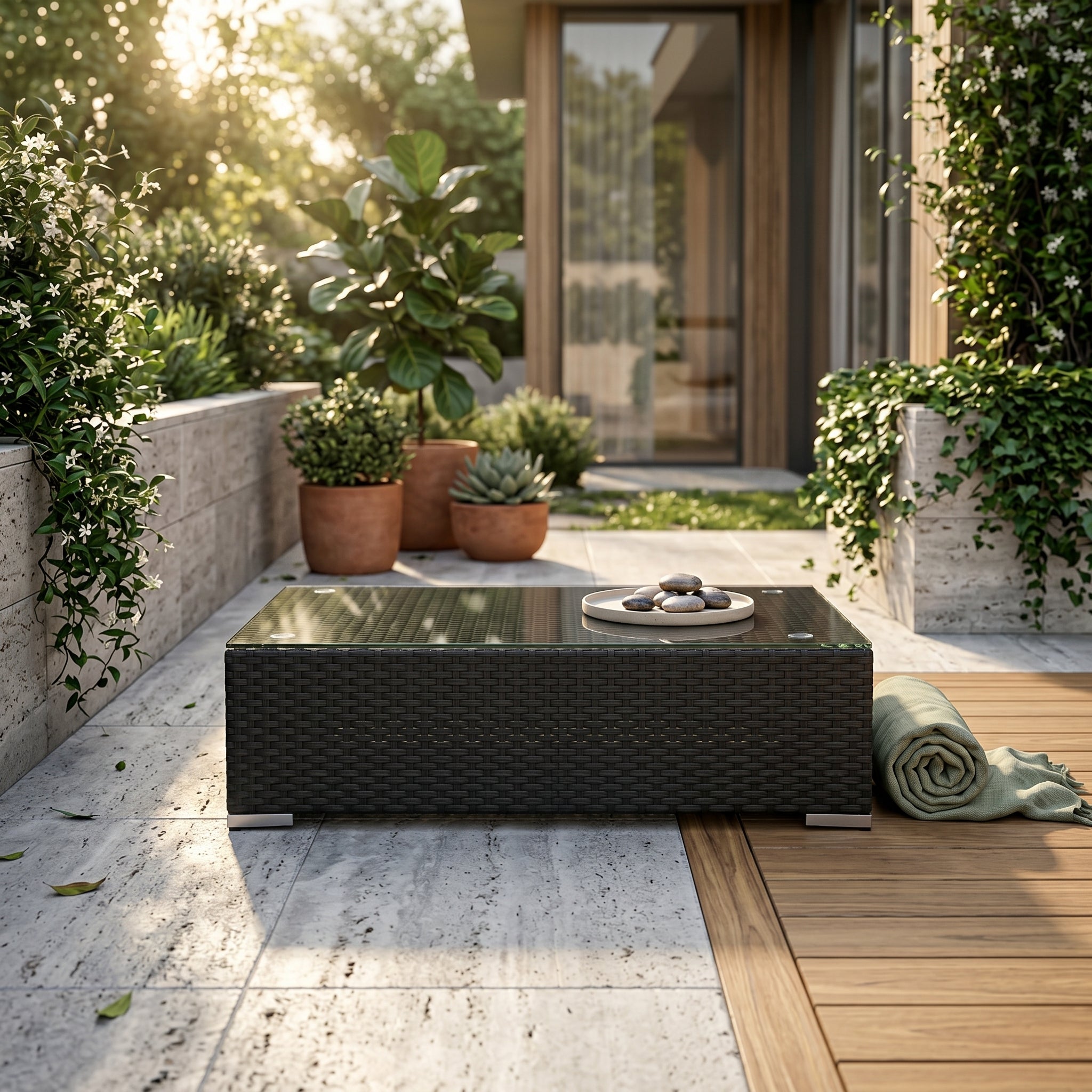 Wioming Lounge Glasplatte für Bank im Outdoor-Garten mit Pflanzen und Dekoration
