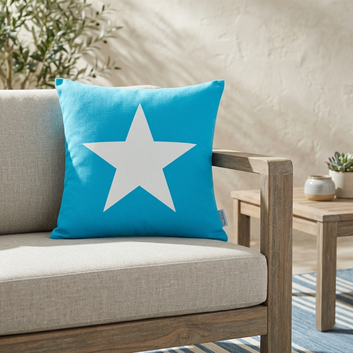 Zierkissen Big Star aqua für Outdoor-Garten mit weißem Sternmotiv