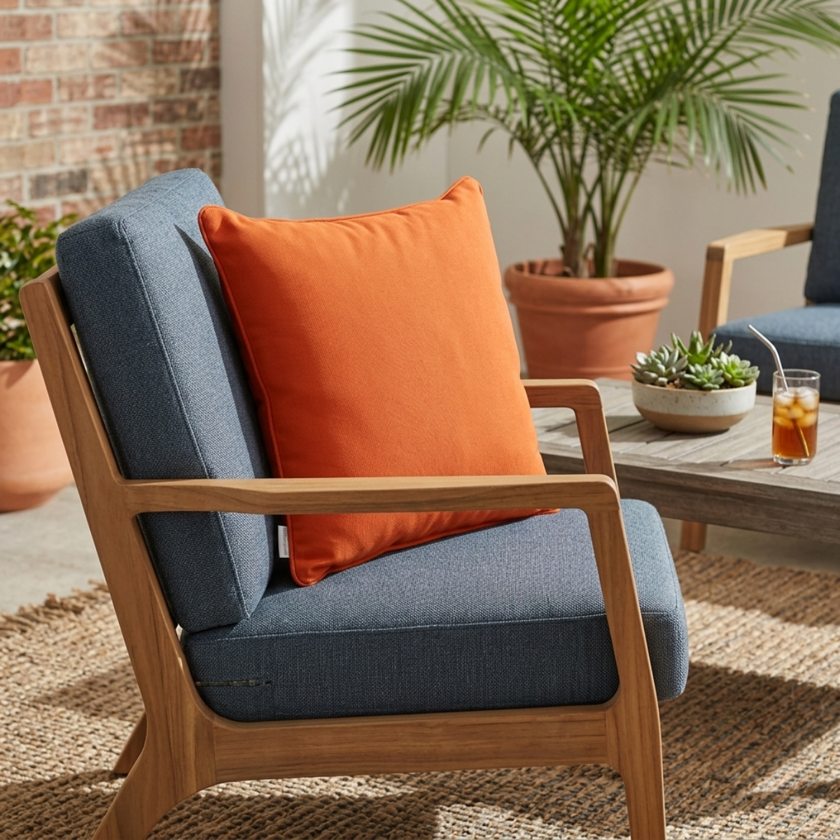 Zierkissen in orange für Outdoor-Gartenmöbel auf einer Holzliege