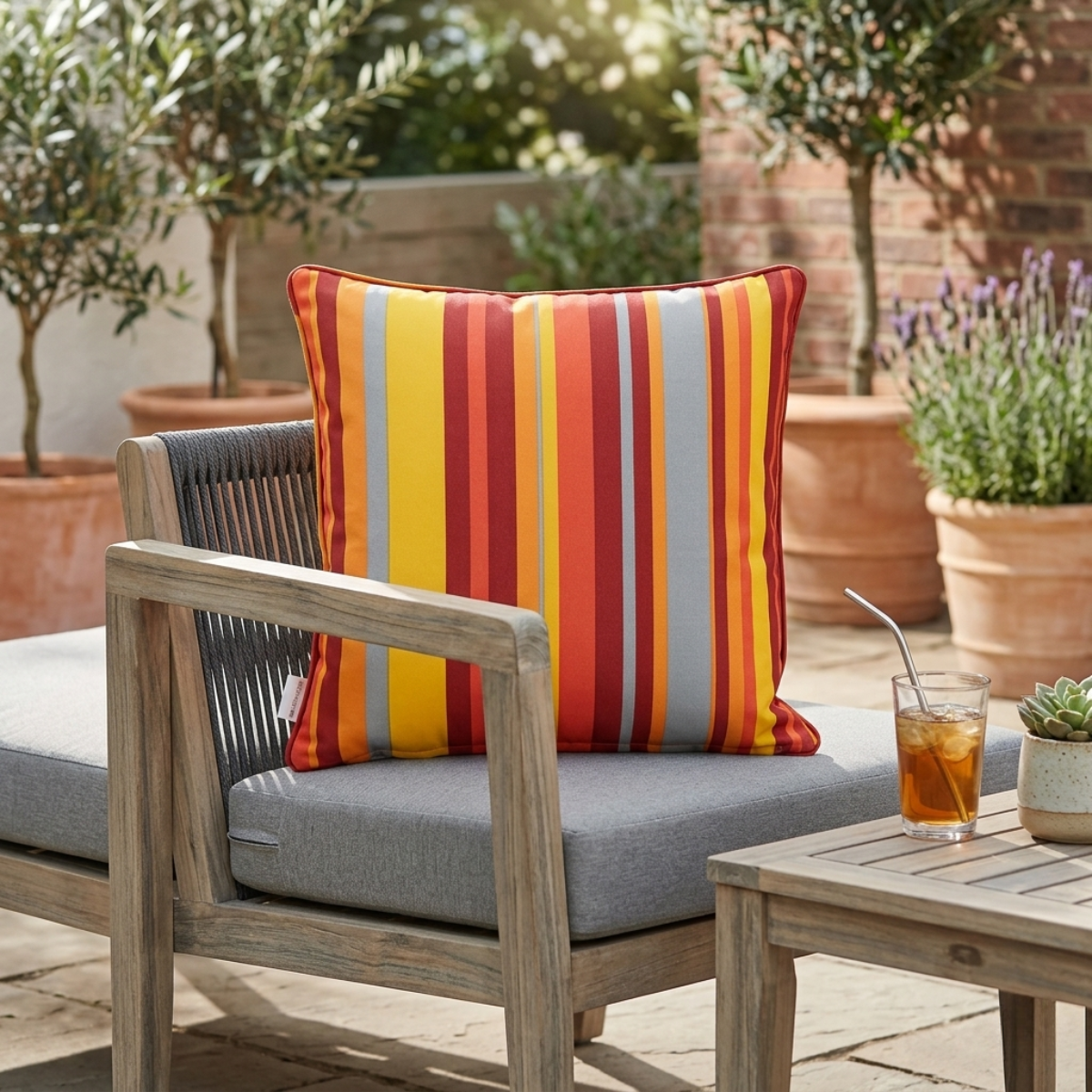 Zierkissen mit orangefarbenen Streifen für den Outdoor-Bereich auf einer Terrasse