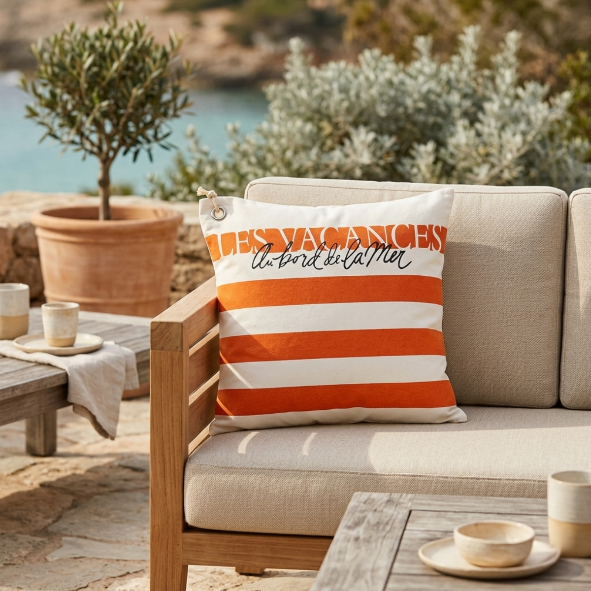 Zierkissen Vacances Orange mit Outdoor-Streifenmuster auf einer Terrasse