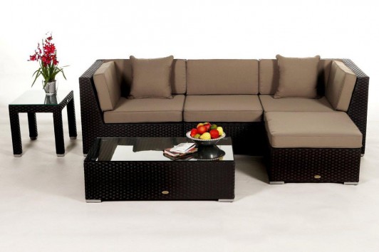 Lounge de jardin en rotin noir Victoria - revêtement brun sable