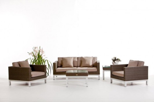 Lounge de jardin en rotin gris-brun Rodriguez  - revêtement brun sable